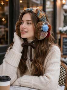 Women's Winter Warm Vintage Brown Fuzzy Pom Pom Knitted Ear Muffs - A - View 1