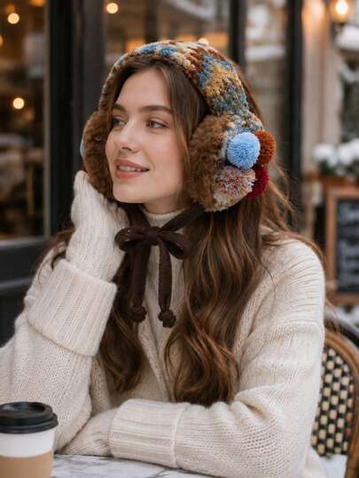 Women's Winter Warm Vintage Brown Fuzzy Pom Pom Knitted Ear Muffs