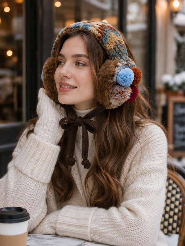 Women's Winter Warm Vintage Brown Fuzzy Pom Pom Knitted Ear Muffs
