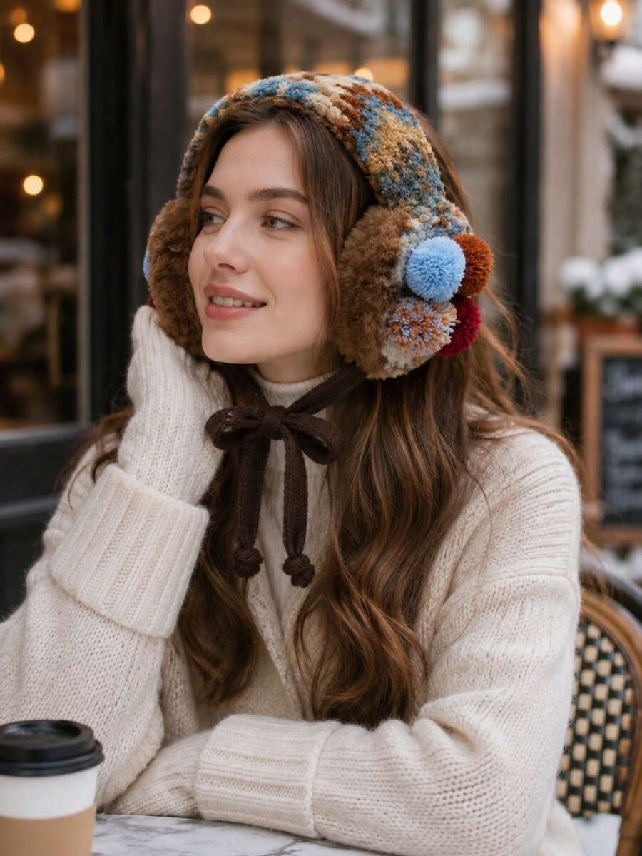 Women's Winter Warm Vintage Brown Fuzzy Pom Pom Knitted Ear Muffs - A - View 1