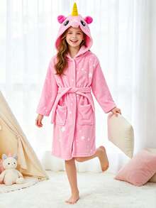 Tween Girl Pink Unicorn & Starry Sky Pattern Belted Sleep Robe - Multicolor - View 7