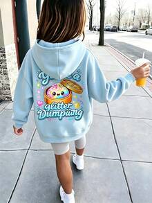 Girls Glitter Dumpling Cartoon Back Print Hoodie, Casual Oversized Pullover - Baby Blue - View 2