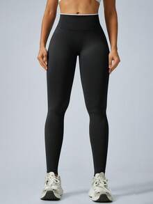 Legging Fitness Wanita Warna Hitam dengan Blok Warna, Pinggang Bergaris untuk Membentuk Bokong dan Mengangkat Tubuh, Cocok untuk Gym, Yoga, Lari, Pakaian Olahraga Musim Gugur/Dingin - Hitam - View 2