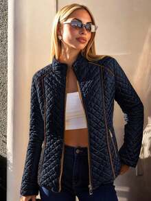 Giolshon 女款街頭風休閒連帽填充夾克外套，附口袋，輕量絎縫填充外套，適合春/秋/冬日常穿著 - 藏蓝色 - 查看 11