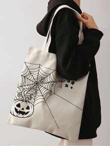 1pc Halloween Spider Web Print Canvas Tote Bag, Large Capacity Hand‑Held Shoulder Bag, Reusable Shopping Bag For Halloween Party Daily Commute - Beige - View 12