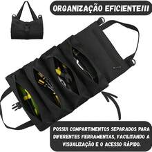 Conjunto de bolsa de ferramentas portátil preta com alça de mão e fecho de segurança, design compacto e dobrável com 4 bolsos individuais para organizar suas ferramentas, feita de tecido Oxford resistente à água, acessório versátil para manutenção de bicicletas, eletrônicos e pequenos reparos domésticos. - A - Visão 3