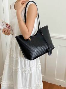 Minimalist Large Capacity Women's Tote Bag, Simple Versatile Commuter Shoulder Bag - Black - View 4