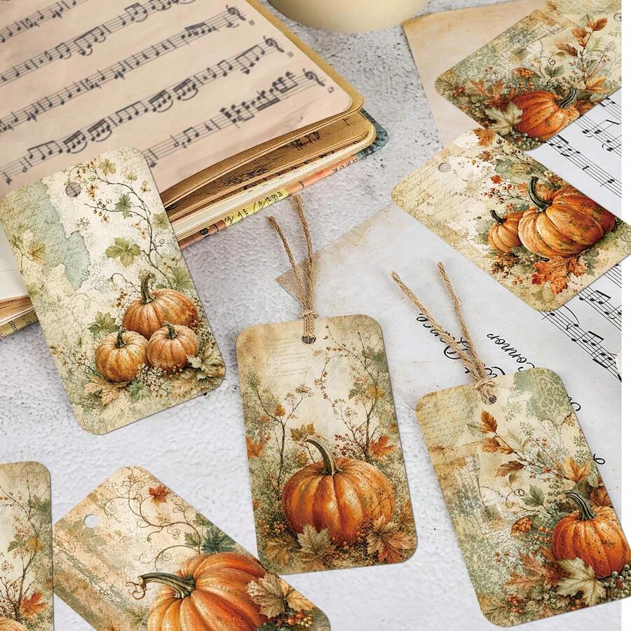50pcs Thanksgiving Day Fall Gift Tags With Hemp Rope, Vintage Autumn Pumpkin Paper Gift Tags, Holiday Harvest Hanging Labels For Gift Wraapping, Candy Bag & Party Favor Decorations