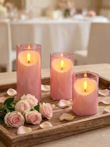 3pcs Flameless Candle Lights Set With Timer Remote Control, Battery Operated Pink Cup Candles, Suitable For Christmas, Halloween, Valentine's Day, Gifts, Presents, Birthday, Wedding, Dining Table, Party - Pink - Warm Light - View 3