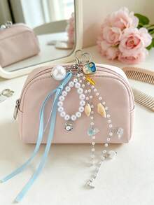 Vigour Summer Coastal Ocean Theme Faux Pearl Beaded Keychain, Natural Shell & Conch Bag Charm With Light Blue Ribbon, Heart-Shaped Carabiner Backpack Pendant, Gift - Multicolor - View 6