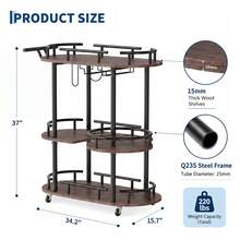 WARMTOBABY Three-Tier Wheeled Bar Cart With Wine Rack And Glass Holder - Slim Metal Cart Suitable For Kitchens, Bars, Living Rooms, And Lounges - Black Frame - 34.2 X 15.7 X 37 In - Black - View 2
