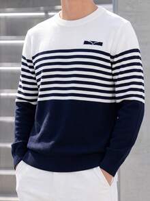 1pc Boys Teen Casual Vintage Striped Colorblock Long Sleeve Knit Sweater, Autumn/Winter - Blue - View 1