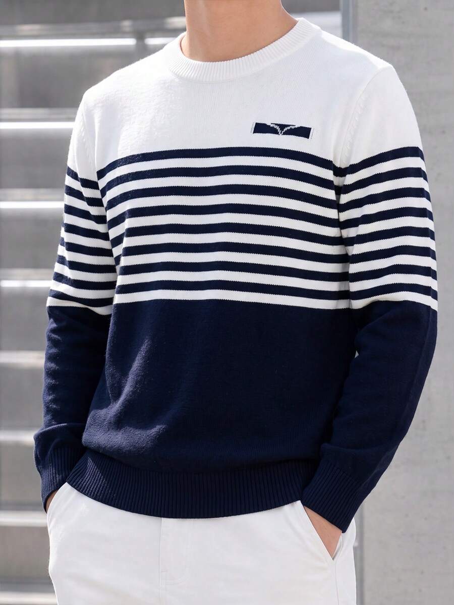 1pc Boys Teen Casual Vintage Striped Colorblock Long Sleeve Knit Sweater, Autumn/Winter - Blue - View 1