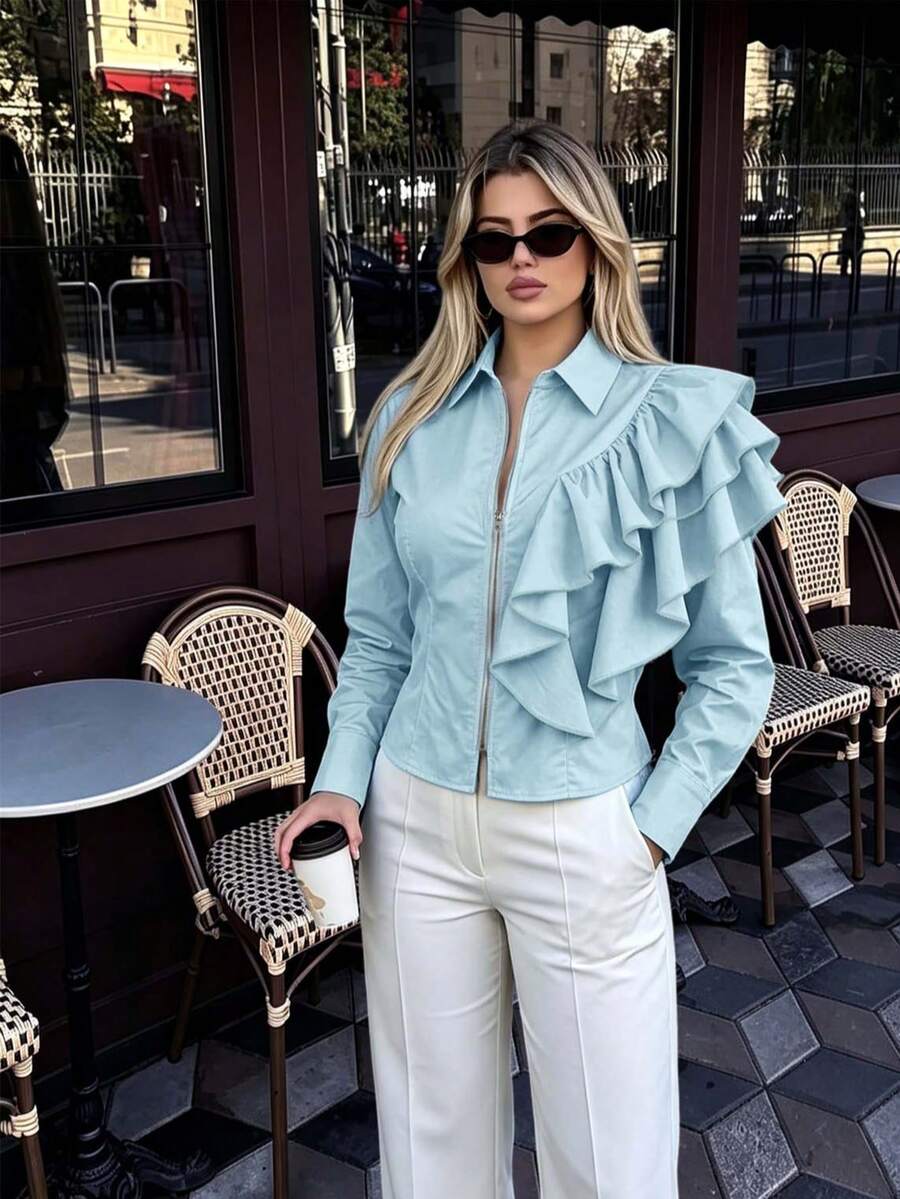 Women's Fashion Elegant Zipper Long Sleeve Jacket, Asymmetric Ruffle Layered Design, Spring/Autumn Style, Suitable For Daily Wear And Travel - Baby Blue - View 1