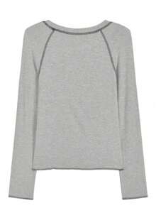 YCYC Korean Vintage Chic Contrast Stitching Round Neck Raglan Long Sleeve T-Shirt Women Frill Trim Line Undershirt Top - Grey - View 6