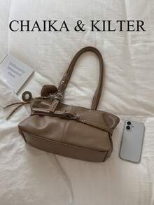 CHAIKA & KILTER 1pc Solid Color PU Fabric Tote Bag, Women's Vintage Fashion Shoulder Tote Bag, Dual Handle Design, Zipper Closure, Strap Decoration, Suitable For Daily And Outing Use (Sold With Pendant) - Khaki - View 4