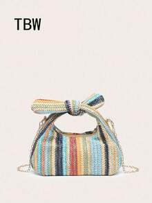 1pc Women's Woven Straw Handbag With Bow Knot Wrist Decor, Shell And Starfish Accents, Suitable For Shopping, Outings And Beach Vacation - Multicolor - View 1
