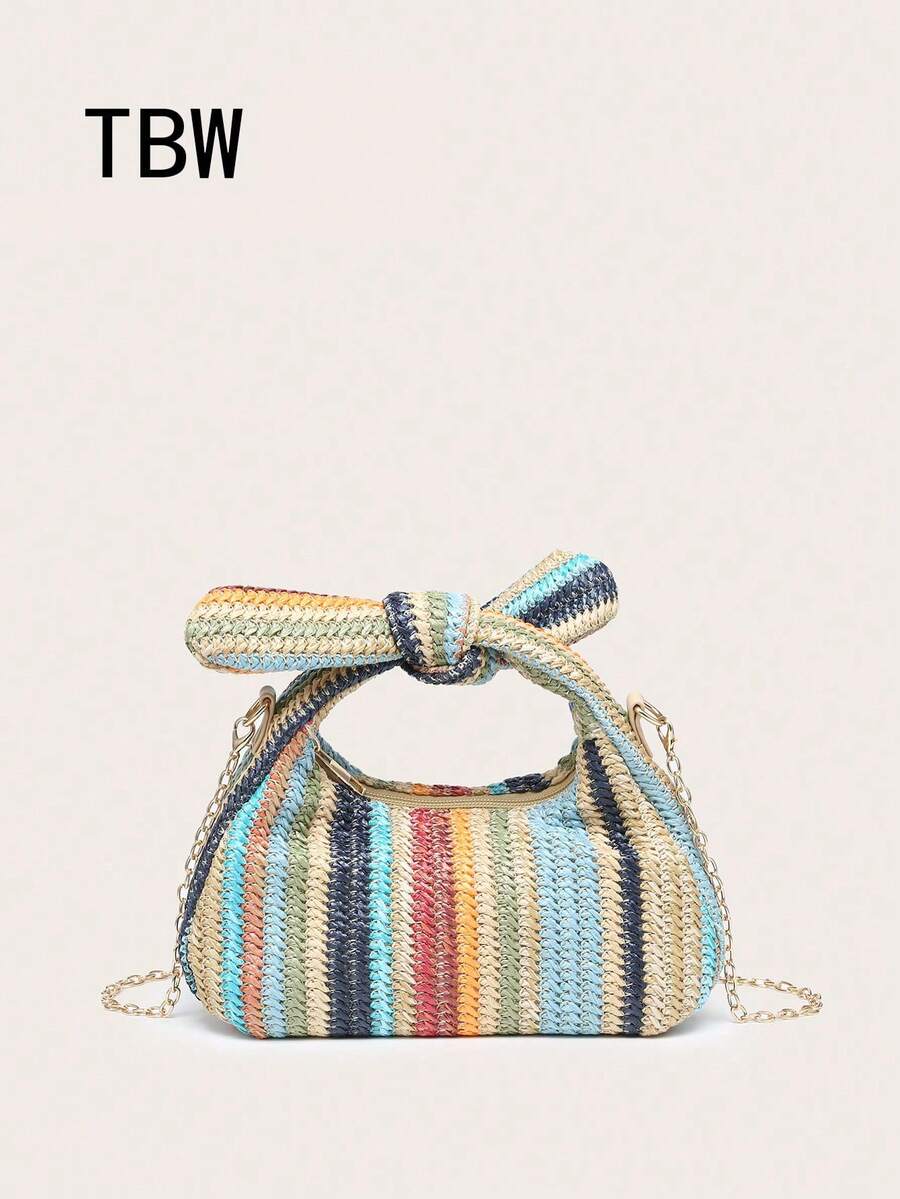 1pc Women's Woven Straw Handbag With Bow Knot Wrist Decor, Shell And Starfish Accents, Suitable For Shopping, Outings And Beach Vacation - Multicolor - View 1