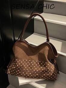 Korean Style Gentle Polka Dot Tote Bag, Suede Texture Patchwork Body, 3D English Embroidery, Drawstring Closure, Adjustable Shoulder Strap, Student Commuter Shoulder Bag - Coffee - View 6