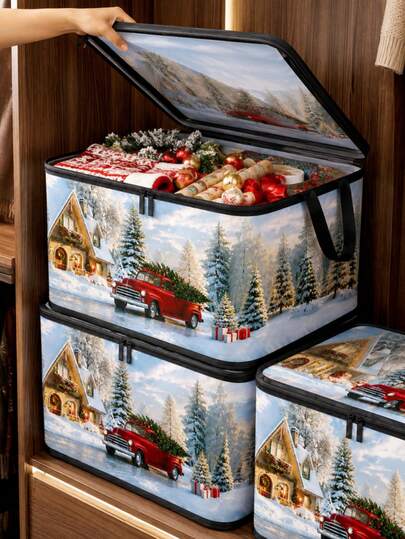 3pcs Christmas Foldable Storage Boxes With Zipper Lid, Foldable Zipper Storage Boxes With Lid And Handle, Large Capacity Clothing And Bedding Storage Boxes, Christmas Tree And Red Truck Pattern Blanket Storage Bins