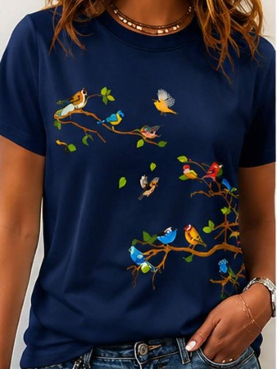 Camiseta Unissex 100% Algodão Confortável '' Galhos Flores '' Manga Curta Básica Casual Masculina e Feminina - Azul Marinho - Visão 1