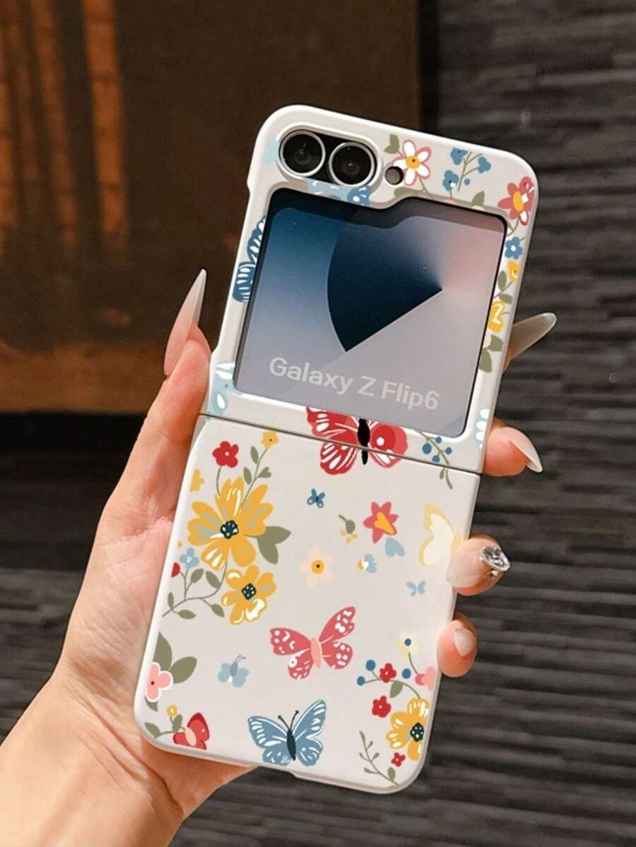 1pc Fashionable, Simple And Cute Skin Feel PC Material Cute Flower Butterfly Elementfolding Phone Case, Protecting And Preventing Falling For: SamsungGalaxy Zflip 3/Zflip 4/Zflip 5/Zflip 6/Zflip 7/Zflip 8/ Lazar 60/ Razr 50/ Razr 70/Galaxy Z Flip7 FE - White - View 1