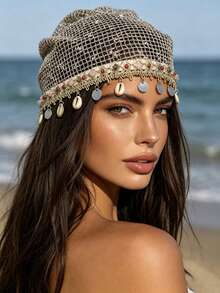 1pc Bohemian Style Hollow Knit Hat With Shell Tassel Decor, Suitable For Festival, Street And Daily Wear Accessory - Black - View 2