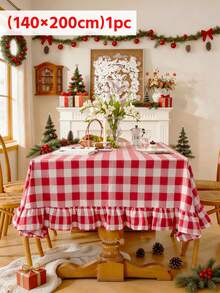 1pc Vintage Red & White Plaid Ruffle Edge Christmas Tablecloth, Cabinet/Coffee Table/TV Dust Cover, Suitable For Holiday Celebrations, Home Dining, Themed Parties, Photography Backdrop, Daily Decoration - Red - View 13