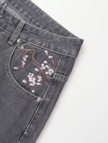 Men's Wide Leg Jeans, Decorative Faux Back Pockets With Cherry Blossom Tree Embroidery, Vintage Street Style Casual Long Pants - Grey - View 8