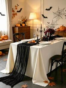 1pc Pleated Halloween Atmosphere Solid Color Table Runner, Suitable For Holiday Party, Family Gathering, Banquet, Window Display, Lightweight Breathable Draping Long Strip Cloth - Black - View 4