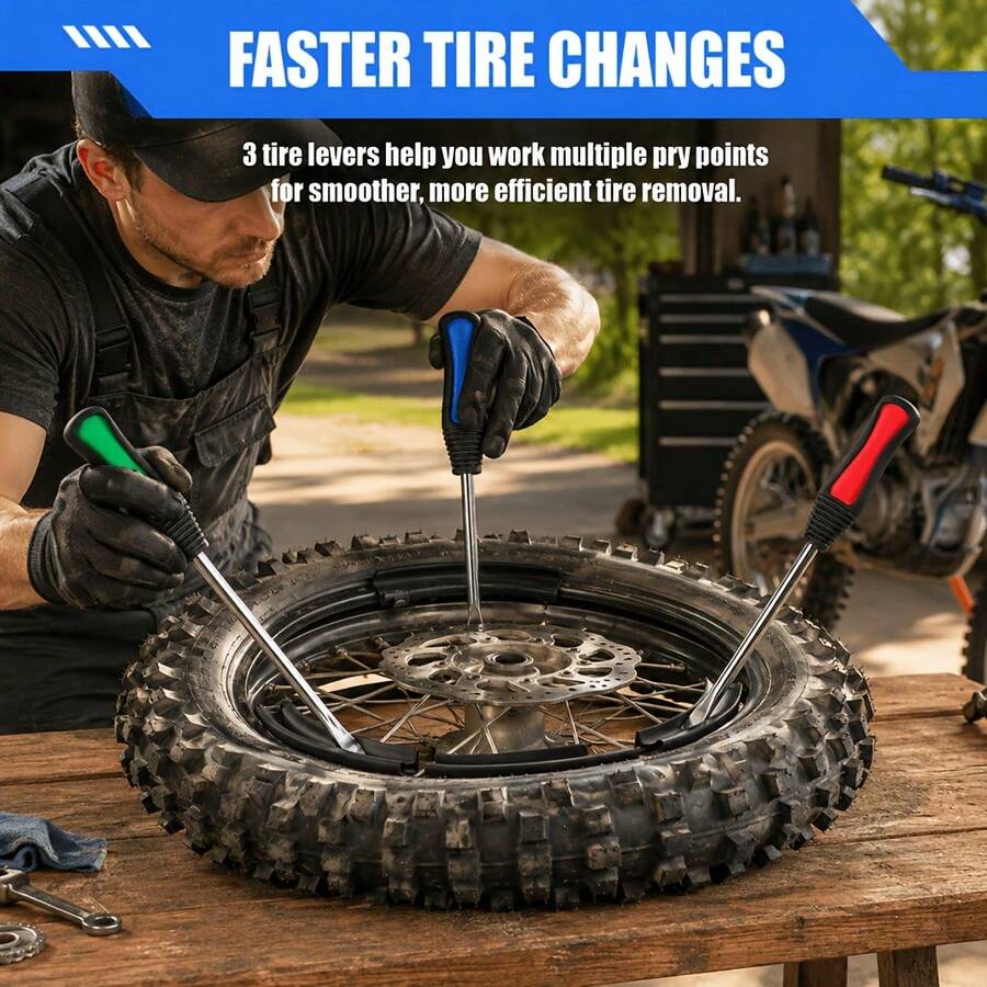 14.6 Inch/37cm Tire Pry Bar Tool Set, 3pcs Extended Steel Tire Pry Bars With 7pcs Wheel Rim Protector Covers, Non-Slip Handle Tire Removal And Installation Tool, Suitable For Cars, Motorcycles, Off-Road Motorcycles, ATVs And Lawn Mowers - A - View 1