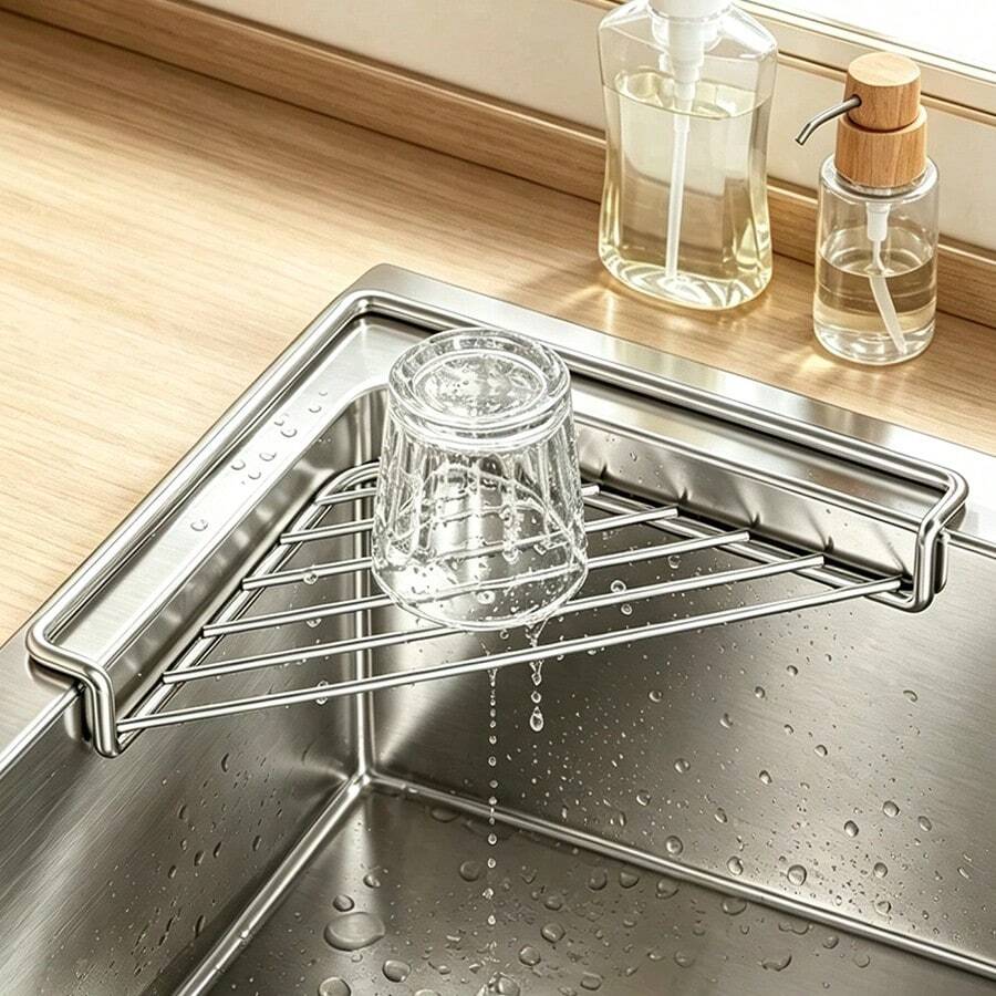 1pc Premium Triangular Sink Strainer Basket, Efficient Residue Filtration Rack, Durable Metal Surface, Suitable For Kitchen Sink And Washbasin, No Charging Required, Easy To Clean - A - View 1