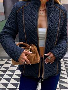 Giolshon 女款街頭風休閒連帽填充夾克外套，附口袋，輕量絎縫填充外套，適合春/秋/冬日常穿著 - 藏蓝色 - 查看 4