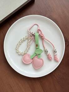 1pc Leather Cherry Heart Shaped Bag Charm With Pearl Beads Heart Carabiner Korean Style Girl Backpack Pendant Keychain - Multicolor - View 3