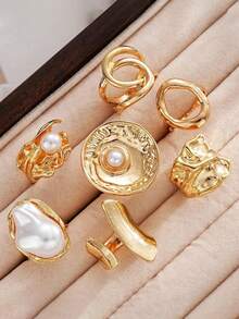 7/3pcs Asymmetrical Pearl Flower Rings, Geometric Shape, Tassel Effect, Hollow Round, Multi-Layer Metal Texture, Extra Large Size, Rugged Chic, Elegant Retro, Suitable For Festivals, Parties, Dates, Gifts, Daily Wear - Gold 1 - View 4