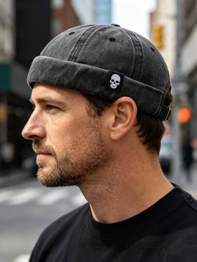 1pc Skull Logo Hat, Washed Distressed Brimless Skull Cap, Solid Color, Suitable For Parties And Outings, Unisex, All Season