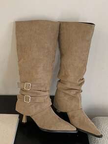 hanxiangyuzu Women's Pointed Toe Ruched Stacked Boots, 2026 Autumn/Winter New Style, Belt Buckle Kitten Heel Tall Boots, Detachable 2-In-1 Wear, Holiday - Khaki - View 5