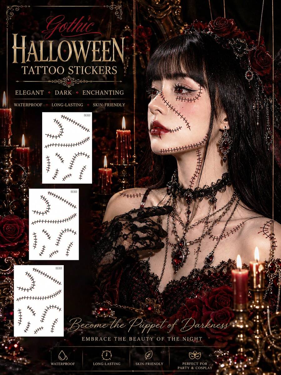 Halloween Stitch Temporary Tattoo Stickers, Gothic Style Stitch Body & Face Tattoos, Waterproof Long-Lasting Fake Stitch Makeup Stickers, Suitable For Halloween Party, Cosplay, Masquerade & Role Play Makeup - Multicolor - View 1