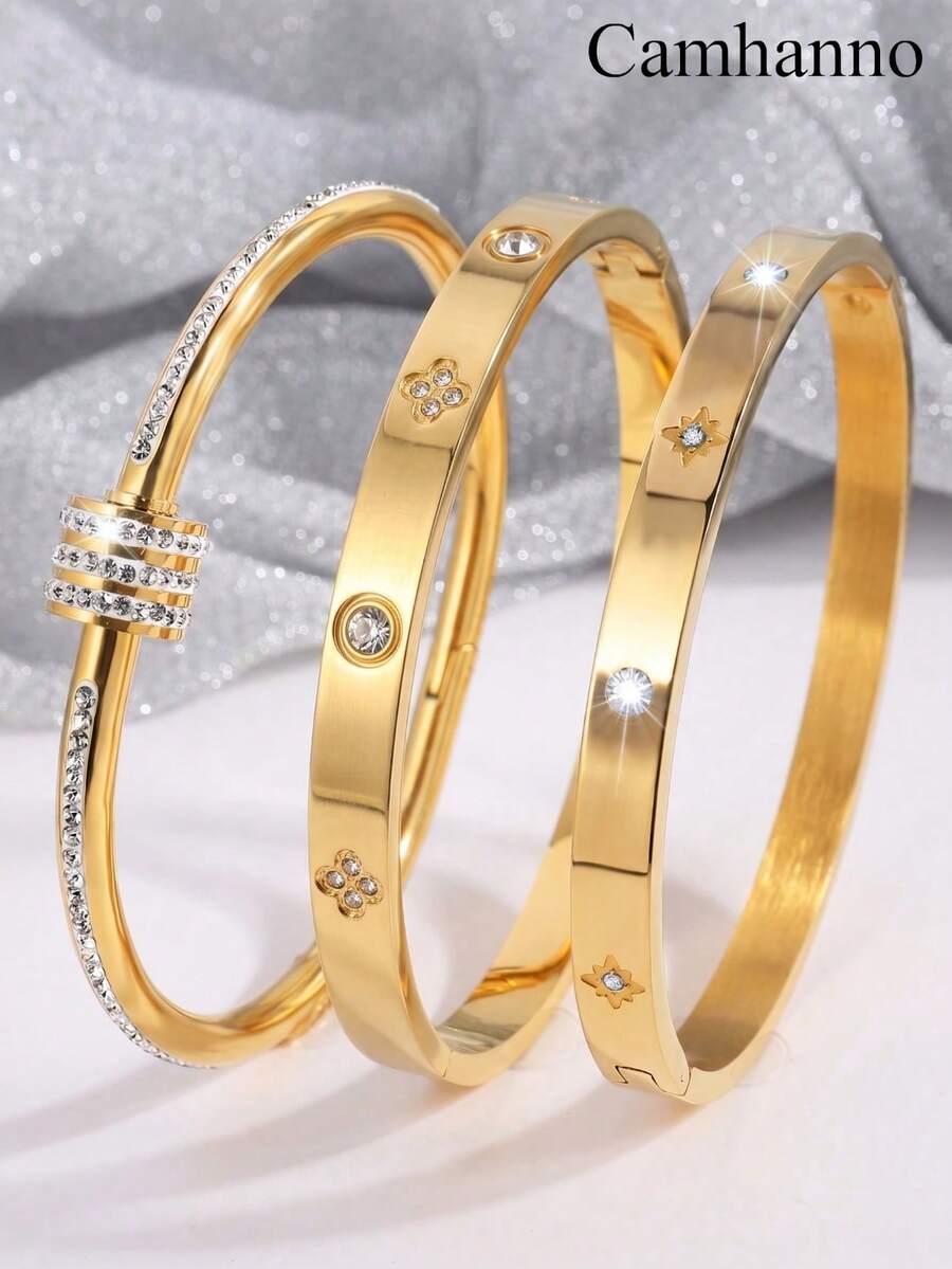 1/3Pcs 18K Gold Plated Stainless Steel Bangle Set, Clover & Zirconia Stackable Bracelets, Daily Wear Holiday Gift For Women - Gold - View 1
