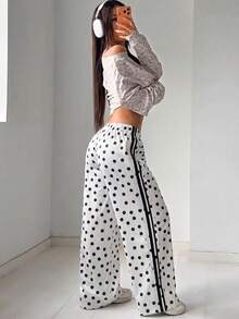 Women's Autumn Wide Leg Straight Loose Polka Dot Print Long Pants, Daily Business Casual Commute Date Work Wear With Pockets - White - View 5