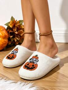Halloween Pumpkin Dog Embroidered Plush Couple Slippers, Women's Men's EVA Non-Slip Thick Sole Indoor Outdoor Warm Home Slippers - White - View 4