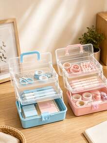3-Tier Foldable Transparent Storage Box With Bow Detail – Stackable Organizer For Home Desktops; Collapsible & Space-Saving; Portable Handheld Case For Sorting Craft Parts & Sundries; Suitable For Teacher's Day, Christmas, And Halloween. - A - View 3