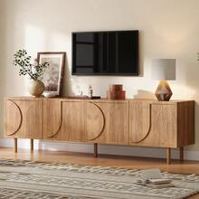 Tv Stand Natural With Storage With Shelves With Doors Made Of Wood For Living Room And Media Area - 自然的 - 查看 2