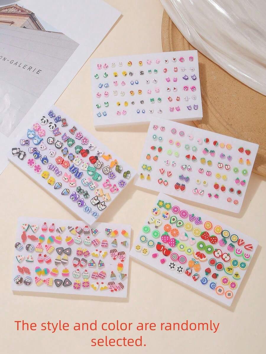 36 Pairs Girls Cute Colorful Soft Clay Fruit & Animal Plastic Earrings Set Without Box, Best Birthday Gift For Friends (Random Color & Style)