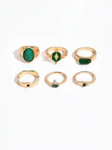 6pcs Emerald Green Luxury Elegant Versatile Stackable Crown Design High-End Rings For Women - Golden Yellow B - View 5