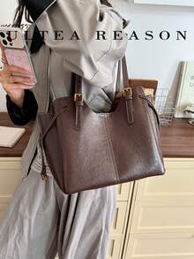1pc Solid Color PU Leather New Women's Bag, Shoulder Bag, Tote Bag, Autumn/Winter New Style, Zipper Closure, Fashionable Square Handbag, Suitable For Commuting, Shopping, Dating - Coffee - View 5