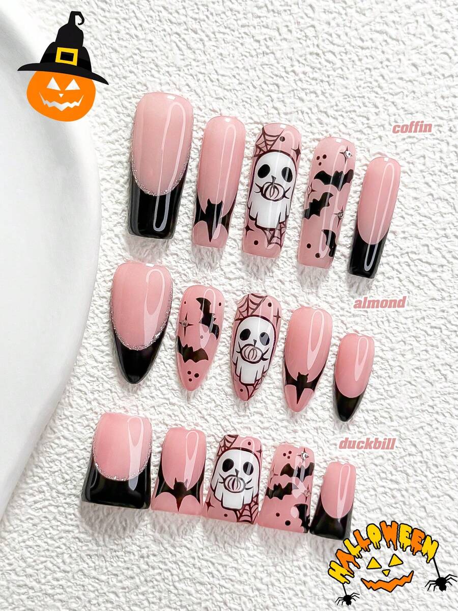 萬聖節主題 10 片裝溫柔風手工穿戴甲 Polygel 凝膠美甲套組,幽靈、蜘蛛網、黑色指甲油,甜酷風格,附美甲工具,3 種尺寸可選,杏仁甲、鴨嘴甲、棺材甲,適合派對、舞會、日常佩戴 - 彩色 - 查看 1
