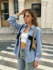 Women's Vintage Patchwork Long Sleeve Shirt, Blue Spring - Blue - View 1