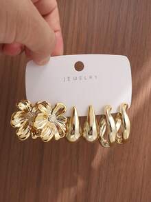 6/18PCS Fashionable Elegant Floral Geometric Textured Metallic Earrings Set Suitable For Party, Banquet, Travel, Wedding, Vacation, Daily Wear Jewelry Gift (Lightweight ABS Material, Non-Fading) - Gold - View 4