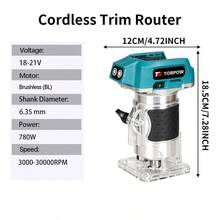 TORPOW Cordless Wood Trimmer Router 6 Speed Adjustable 6.35mm Collet 3000-30000RPM Handheld Woodworking Edge Trimming Power Tool, No Battery - Blue - View 6
